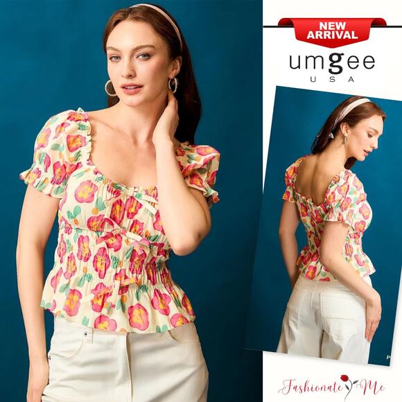 Umgee Floral Print Tie Front Detail Short Sleeves Smocked Peplum Blouse | Pink - Picture 1 of 6